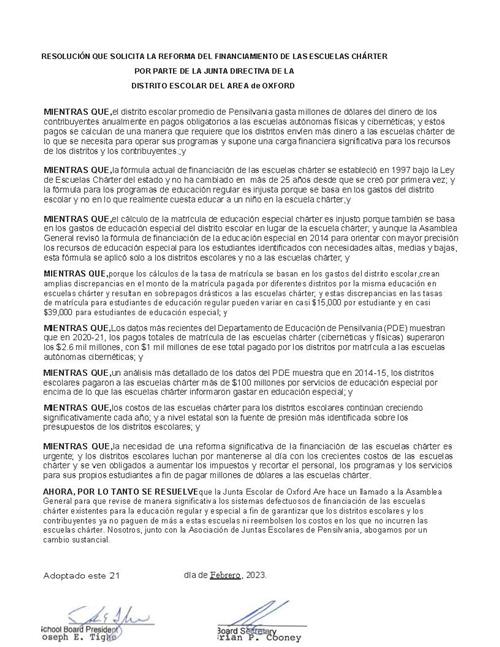 Resolucion que solicita la reforma del financiamento de las esuelas charter